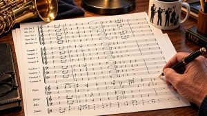 Stylized illustration of a jazz band score being written